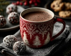 A festive red mug filled with hot chocolate sits among chocolate truffles and cookies creating a cozy holiday scene for a sweet treat break.