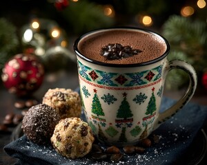 Warm Christmas mug of hot chocolate is decorated with holiday designs and served with festive cookies on a winter day setting scene.