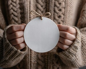 A person wea a cozy knitted sweater holds a blank round paper tag with a twine bow for a festive and customizable message now.