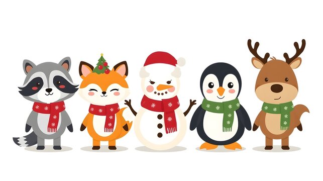 Cute cartoon animals and snowman in festive winter scarves