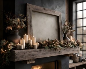 Fototapeta premium A rustic fireplace mantel displays candles, greenery, and an empty picture frame in a cozy, warm, inviting, and comfortable interior scene.