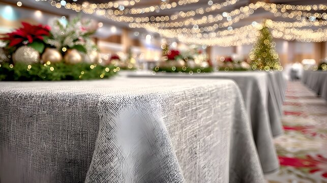 Elegantly decorated tables with festive centerpieces and twinkling lights create a warm and inviting atmosphere for a holiday celebration.