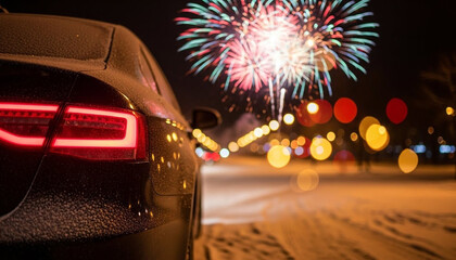 Midnight Journey: Vehicle Stops to Watch the New Year Fireworks