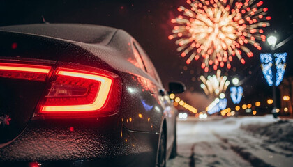 Driving into 2026: Festive Car on the Road to the New Year