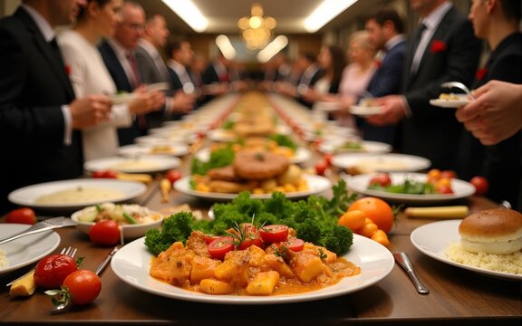 Culinary Gathering: A banquet of food awaits, with individuals in the backdrop, creating a scene of a corporate event or social gathering. A visual feast for the senses. High quality