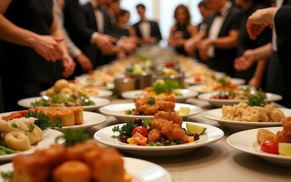 Culinary Gathering: A banquet of food awaits, with individuals in the backdrop, creating a scene of a corporate event or social gathering. A visual feast for the senses. High quality