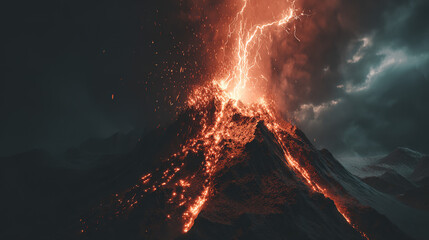 erupting. A powerful volcano erupting with lava and ash against the sky. ESG reports, sustainability campaigns, designed for sustainability communications and ESG reporting.
