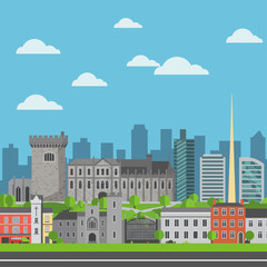 dublin cityscape iconic dublin architecture under fluffy clouds in a vibrant colorful cityscape illustration ideal for tourism travel blog culture