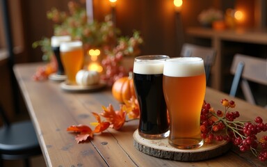 Autumn beer celebration at a rustic venue with cozy decor and harvest elements. High quality