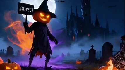 Halloween Pumpkin Scarecrow: Haunted Castle Night Scene with Full Moon - Powered by Adobe