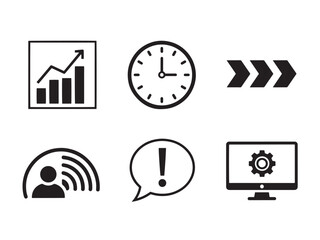 Fototapeta premium Brutalist Icon Set. Real-Time Processing silhouette icon set: live data graph, clock icon, stream arrows, sensor feed, alert bubble, processing monitor.