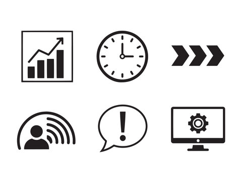 Brutalist Icon Set. Real-Time Processing silhouette icon set: live data graph, clock icon, stream arrows, sensor feed, alert bubble, processing monitor.