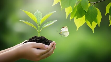 Hands holding a young green plant with soil, a white butterfly nearby, against a blurred natural background.