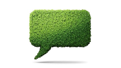 A speech bubble icon crafted from vibrant green leaves, symbolizing environmental communication.