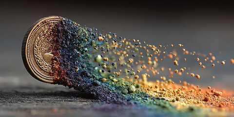 The Monetary Transformation A colorful conceptual depiction of a coin's breakdown into a spectrum of hues, symbolizing financial change