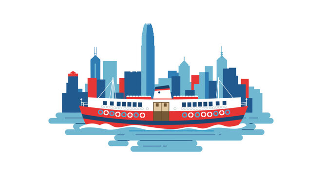 hong kong skyline with star ferry illustration showcasing victoria harbor reflecting the citys iconic architecture and travel destination appeal.