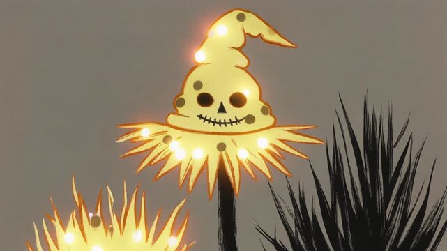Animated pencil and pastel sketch of a scarecrow hat glowing with warm festive light on textured paper, ideal for holiday and lifestyle branding concepts.