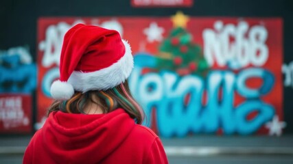Back of young woman wearing a red Santa hat and hoodie, observing vibrant Christmas graffiti art on an urban wall - Powered by Adobe