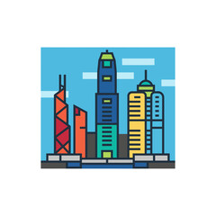 Obraz premium Skyline illustration of a modern city with skyscrapers against a blue sky ideal for showcasing urban development and architectural design concepts.