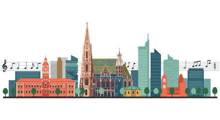 vienna skyline illustration with musical notes showcasing the austrian capitals iconic architecture and cultural heritage suitable for travel blogs or musical events