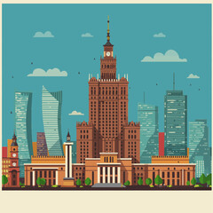 warsaw skyline illustration featuring the palace of culture and science a vibrant depiction of polish urban architecture for travel blog backgrounds
