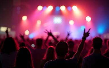Crowd at a festival with vibrant bokeh lights, capturing the atmosphere of celebration and joy. High quality