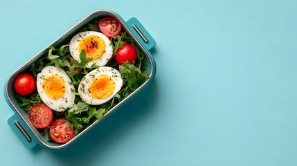 Healthy lunchbox with boiled eggs, arugula, and cherry tomatoes on a light blue background, top view with copy space.