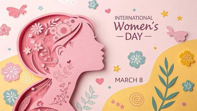 Celebration of International Women's Day: A visually stunning paper cutout illustration of a woman's profile adorned with delicate floral and natural elements, set against soft pastel backgrounds.