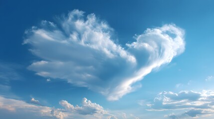 Heart shaped cloud in a vibrant blue sky with soft white clouds, symbolizing love and freedom.