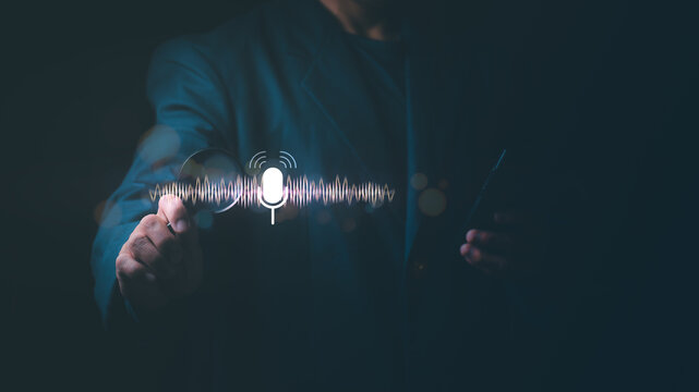 Talking to digital assistants, searching for information, and interacting on the internet with your voice powered by modern AI technology that uses voice to control, the concept of voice search