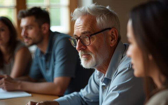 thoughtful older man with glasses listens intently during discussion, surrounded by diverse group of adults. atmosphere is reflective and engaged, highlighting importance of shared experiences