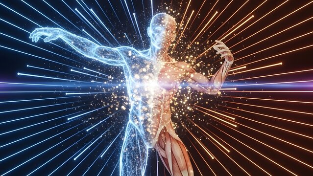 Abstract human figure glowing with energy against blue and orange backdrop. Suitable for mystic concepts, power, spirituality, and energy themes.