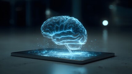 Holographic Brain Projection from Tablet Representing AI and Digital Intelligence.