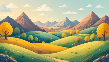 Sunny Mountain Valley Cartoon Landscape