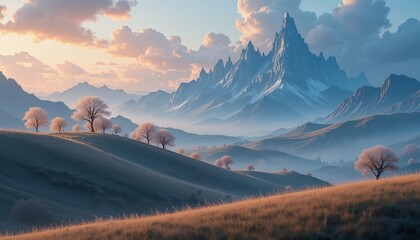Mystic Winter Mountain Dawn Fantasy Landscape