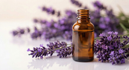 Amber Essential Oil Bottle with Fresh Lavender Flowers for Spa