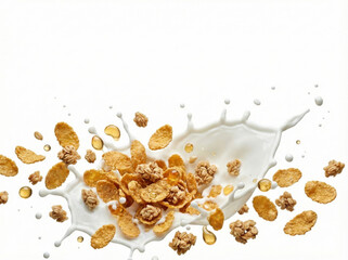 Corn Flakes and Oats Cereal Splash in Milk with Honey Drops