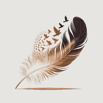 Antique white bird feather object with black inkwell for old vintage literature writing on paper