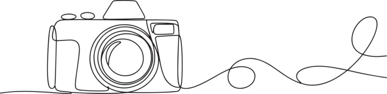 Continuous line art camera vector &ndash; minimal photography device outline illustration for creative, media, travel, or art design concepts