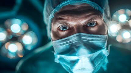 Intense Close-Up of Surgeons Face During Operation in Hospital.