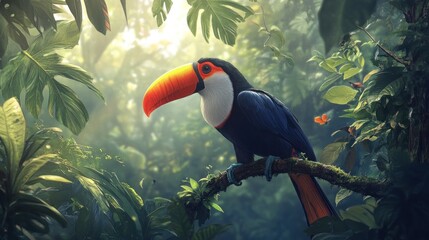 Fototapeta premium Toucan perched on branch in lush rainforest, sunlight filtering through leaves.