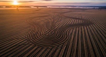 Naklejka premium Golden Sunrise Over Raked Sand Patterns on a Serene Beach.