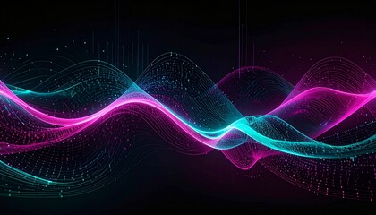 Futuristic digital wave visualization with glowing pink and cyan light particles forming an abstract flow of energy on a black background