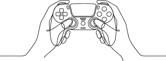 Game controller line art vector – hands holding gaming device continuous line style for esports, technology, entertainment or digital play design © Rojob