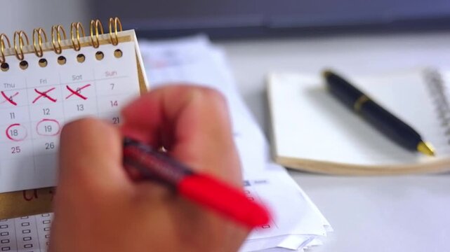 A person marks a calendar with a red marker, circling dates and marking deadlines and progress. Time management, planning, scheduling Important days, Deadlines
