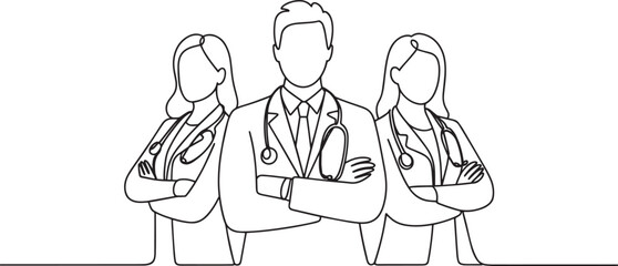 Team of doctors line art vector – medical professionals in lab coats with stethoscope outline illustration for healthcare, medicine, or clinic design