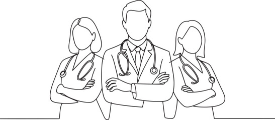 Team of doctors line art vector – medical professionals in lab coats with stethoscope outline illustration for healthcare, medicine, or clinic design