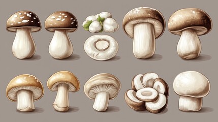 Illustration of various mushroom types, sliced, and whole, on a neutral background. Use Stock photo for food/mushroom books or articles