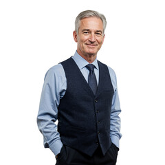 Smiling middle-aged man in suit vest and tie professional portrait isolated on transparent background