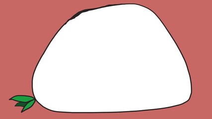 On a red background there is a large fruit or berry with leaves hanging and moving.